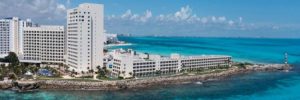 Aerial view of Hyatt Ziva Cancun all-inclusive resort along the turquoise Caribbean coastline in Cancun, Mexico